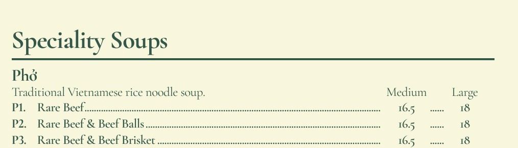 Speciality Soups set in Cormorant Garamond, in green on the menu's cream.
