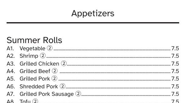 Appetizers and the summer rolls list set in Lexica Ultralegible on the trifold.